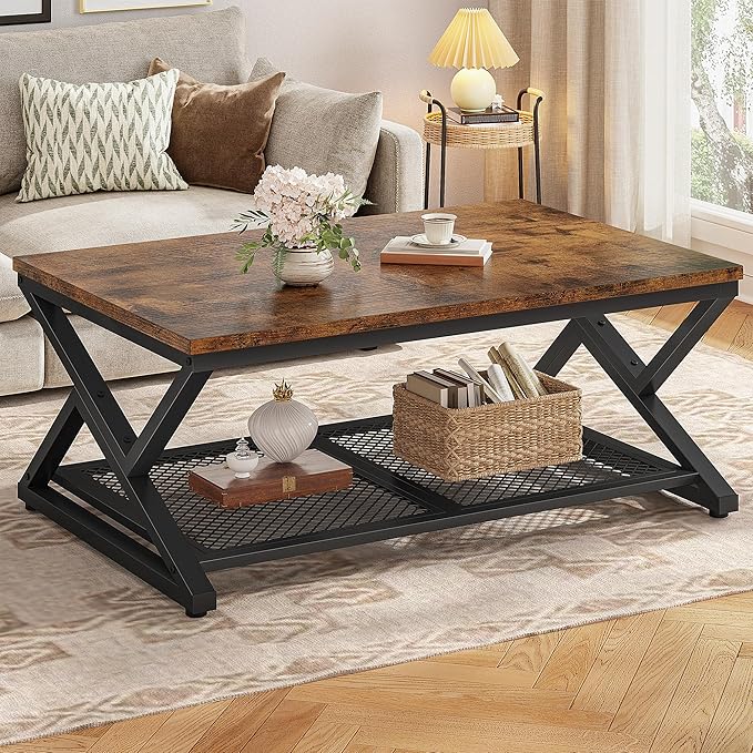 EnHomee Coffee Table with Storage, Modern Coffee Tables for Living Room with Mesh Shelf, 2 Tier Rectangular Center Table for Living Room, Bedroom, 39.4 Inch, Rustic Brown