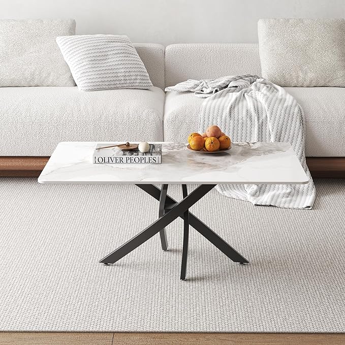 White Marble Coffee Table with Metal Legs, Rectangle Modern Sintered Stone Living Room Table for Home Office Living Room (40” x 20” x 17”)