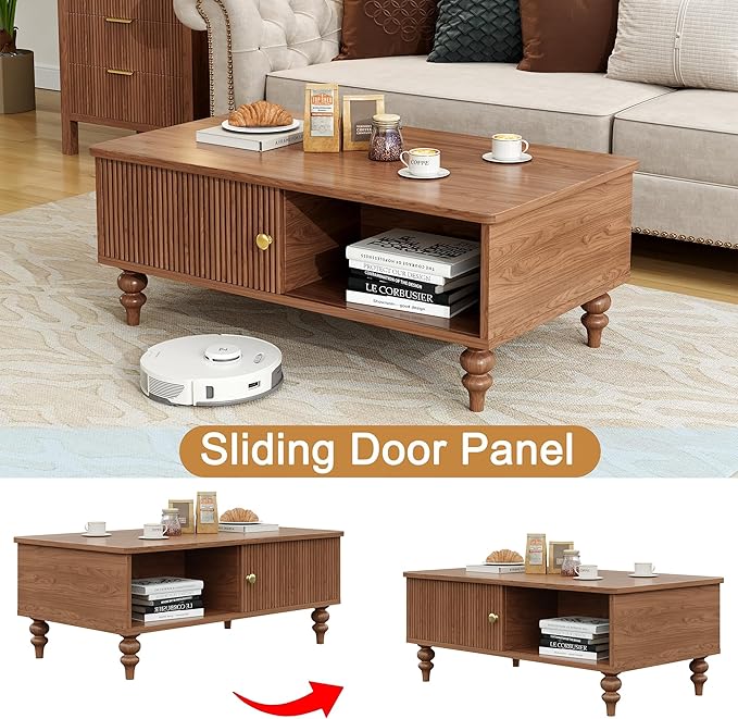 Mid-Century Modern Wooden Coffee Table with Storage, Slatted Door, Solid Wood Legs, Retro Coffee Table with Open Shelf for Home & Office & Lounge, Walnut
