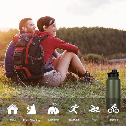 HASLE OUTFITTERS 32 oz Insulated Water Bottle Stainless Steel Double Walled Vacuum Sports Water Bottle with 2 Lids (Straw and Spout Lid) for Gym Camping Hiking（Army Green,1）