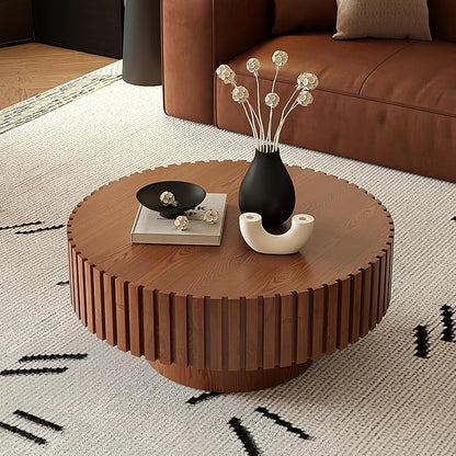 31.5" Round Drum Coffee Table, Modern Handcraft Fluted Drum Center Table, Wooden Round Coffee Table Center Table with Sturdy Pedestal for Living Room Apartment (Natural Wood)