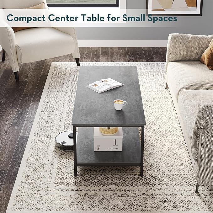 SAYGOER Coffee Table with Storage 2-Tier Industrial Center Table for Living Room, Rectangle Wood Table for Small Spaces Apartment Home Office, Concrete Gray