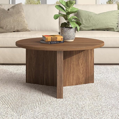 Henn&Hart 32" Round Wood Pedestal Coffee Table for Living Room, Family Room, Office, or Apartment, Satin Walnut