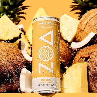 ZOA Zero Sugar Energy Drinks, Pineapple Coconut - Sugar Free with Electrolytes, Healthy Vitamin C, Amino Acids, Essential B-Vitamins, and Caffeine from Green Tea - 12 Fl Oz (12-Pack)