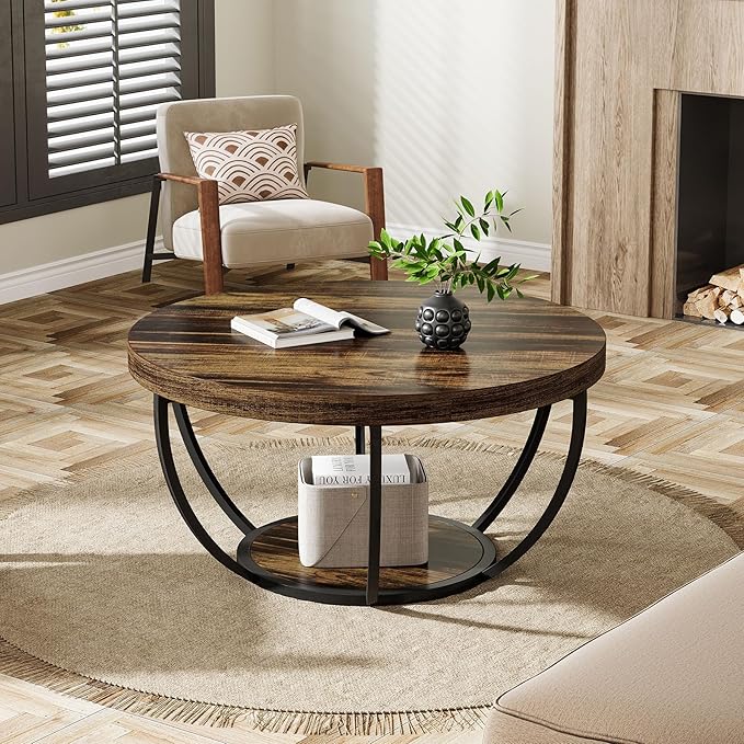 Tribesigns Round Coffee Table, 31.7" Wooden 2-Tier Circle Coffee Table with Storage Shelves, Modern Accent Cocktail Table Center Table for Living Room, Rustic Brown