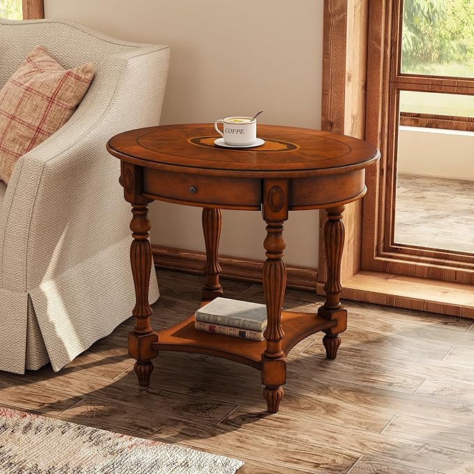 Solid Wood Oval End Table with Drawer and Shelf, 28" Traditional Vintage Side Table Polished Edging Sofa Table Bedside Nightstand for Living Room Bedroom, Beewax