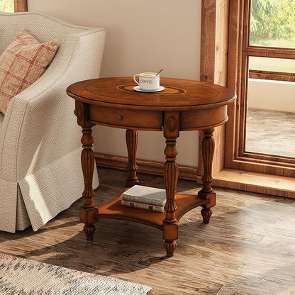 Solid Wood Oval End Table with Drawer and Shelf, 28" Traditional Vintage Side Table Polished Edging Sofa Table Bedside Nightstand for Living Room Bedroom, Beewax