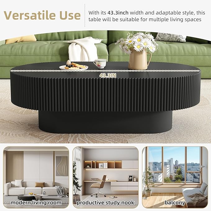 43.3 Inch Oval Drum Coffee Table, Modern Handcraft Fluted Drum Coffee Table, Wooden Oval Center Table Cocktail Table with Stable Pedestal for Living Room Apartment (Black)