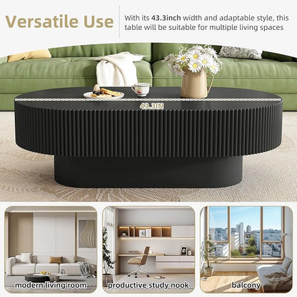 43.3 Inch Oval Drum Coffee Table, Modern Handcraft Fluted Drum Coffee Table, Wooden Oval Center Table Cocktail Table with Stable Pedestal for Living Room Apartment (Black)