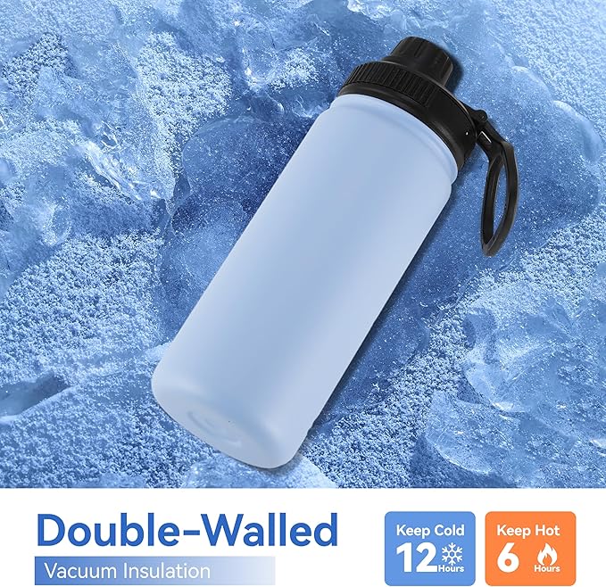 DOMICARE 16 oz Kids Water Bottle for School Stainless Steel Double Wall Vacuum Insulated Water Bottle with Straw lids & Spout Lid, Leakproof BPA Free (Light Blue,8)