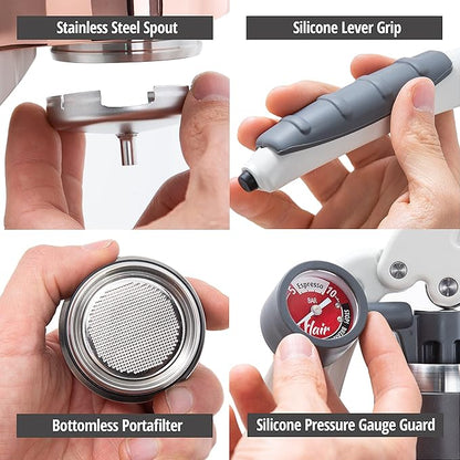 Flair UPDATED PRO 3 (White) - All manual lever espresso maker with a stainless steel brew head, pressure gauge, shot mirror and a small size