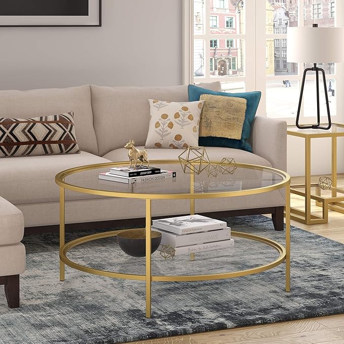 Henn&Hart 36" Round Coffee Table with Glass Top and Glass Open Storage Shelf for Living Room, Family Room, Office, or Apartment, Brass