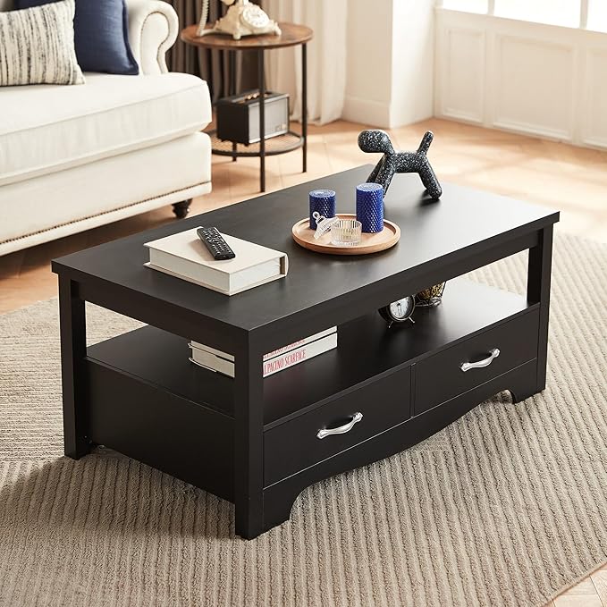 LINSY HOME Farmhouse Coffee Table with Storage, Wood Coffee Table for Living Room, Open Display Area and Storage Drawers with Metal Handles, Chic Style with Curved Base, Black