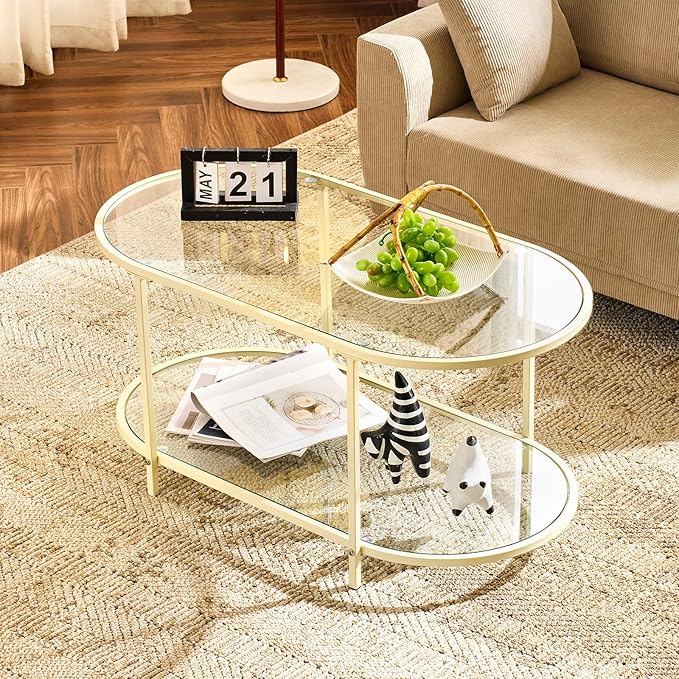VINGLI 38" Glass Coffee Table, Oval Coffee Tables for Living Room, Small Coffe Table with 2-Tier Storage, Modern Center Table for Home Decor, Office, Small Space, Beige
