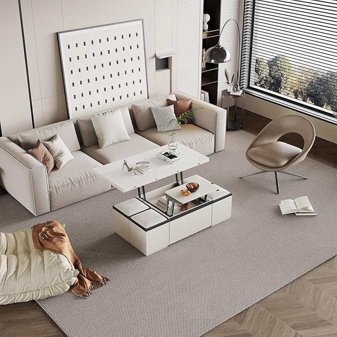 Extendable Coffee Table with 4 Storage Stools, Multifunctional Lift Top Coffee Table, Space Saving Folding Dining Table for Living Room (47.24 Inch)