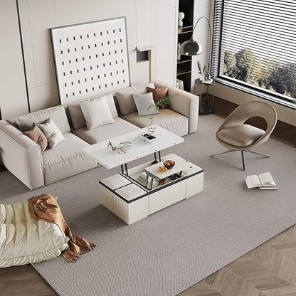 Extendable Coffee Table with 4 Storage Stools, Multifunctional Lift Top Coffee Table, Space Saving Folding Dining Table for Living Room (47.24 Inch)