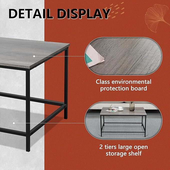 SENIG Small Coffee Table, Modern Industrial Style Rectangular Table, Grey Wood and Sturdy Metal Side End Table, Rustic Accent Functional Coffee Table for Living Room,31.5 x 20 x 16