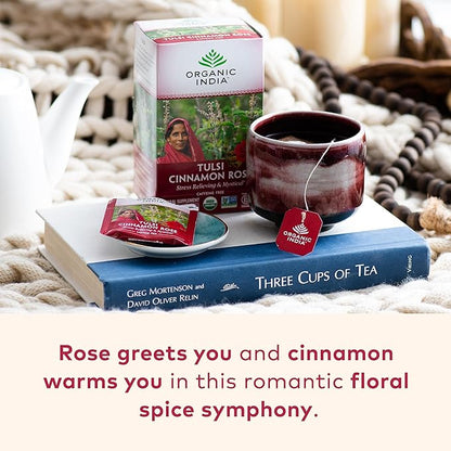 ORGANIC INDIA Tulsi Cinnamon Rose Tea Bags - Tulsi Rose Tea Bags, Cinnamon Tea Bags with Holy Basil, Chamomile, Stevia, USDA Certified Organic Caffeine Free Herbal Tea - 18 Infusion Bags, 6 Pack