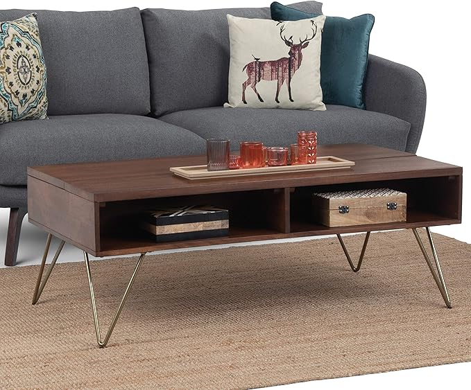 SIMPLIHOME Hunter Lift Top Coffee Table - 48 inch Wide Solid Mango Wood and Metal Industrial Cocktail Table in Umber Brown, Functional Living Room Table with 2 Storage Cubbies and Hairpin Legs
