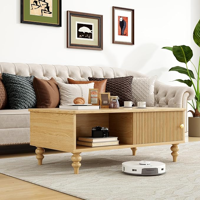 Mid-Century Modern Wooden Coffee Table with Storage, Slatted Door, Solid Wood Legs, Retro Coffee Table with Open Shelf for Home & Office & Lounge, Nature Oak
