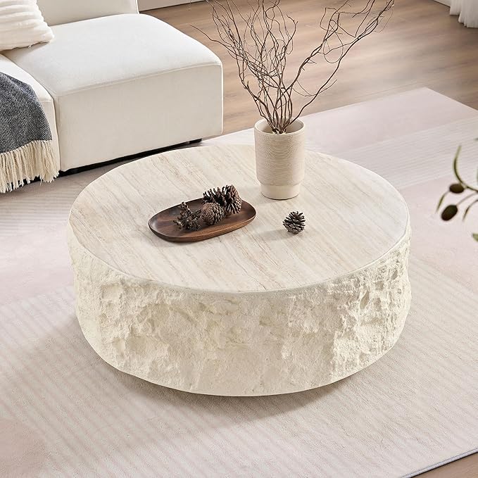 Faux Rock Coffee Table,Drum Coffee Table Fiberglass Round Tea Table for Living Room, Accent Imitation Stone Central Table No Need Assembly, Beige White