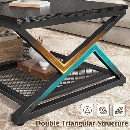 EnHomee Coffee Table with Storage, Modern Coffee Tables for Living Room with Mesh Shelf, 2 Tier Rectangular Center Table for Living Room, Bedroom, 39.4 Inch, Black Oak