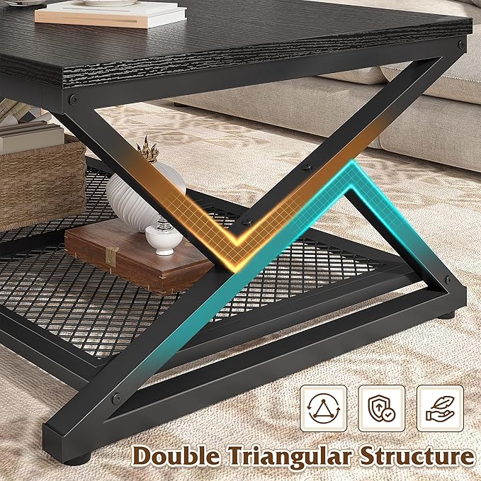 EnHomee Coffee Table with Storage, Modern Coffee Tables for Living Room with Mesh Shelf, 2 Tier Rectangular Center Table for Living Room, Bedroom, 39.4 Inch, Black Oak