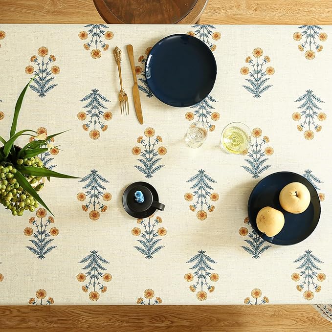 Designer French Pale Yellow Long Tablecloth Rectangle,Linen Floral Table Cloth,Wrinkle Resistant Decor Tablecloths for Dining Thanksgiving Banquet Kitchen Party,63"*102"-Estevan A