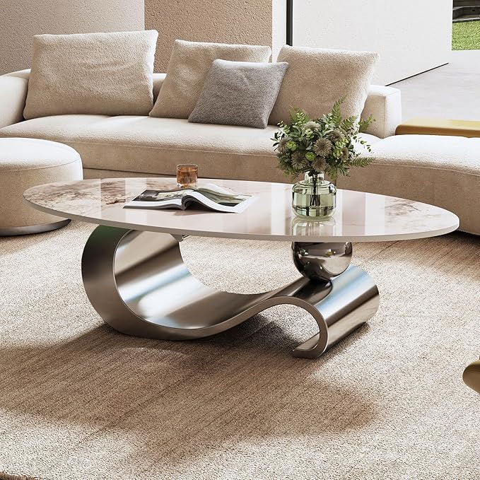 Marble Grain Coffee Table with Gold Stainless Steel Pedestal,Modern Coffee Tables,Oval Living Room Table with Faux Marble Top & Luxury Legs,Sintered Stone Cocktail Center Table,49.2 inch