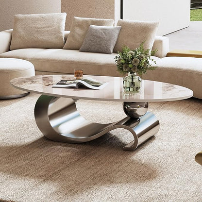 Marble Grain Coffee Table with Gold Stainless Steel Pedestal,Modern Coffee Tables,Oval Living Room Table with Faux Marble Top & Luxury Legs,Sintered Stone Cocktail Center Table,49.2 inch