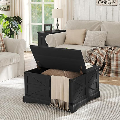Furnideco Farmhouse Lift Top Coffee Table, Square Wood Center Table with Large Hidden Storage Compartment for Living Room, Rustic Cocktail Table with Hinged Lift Top for Home, Black