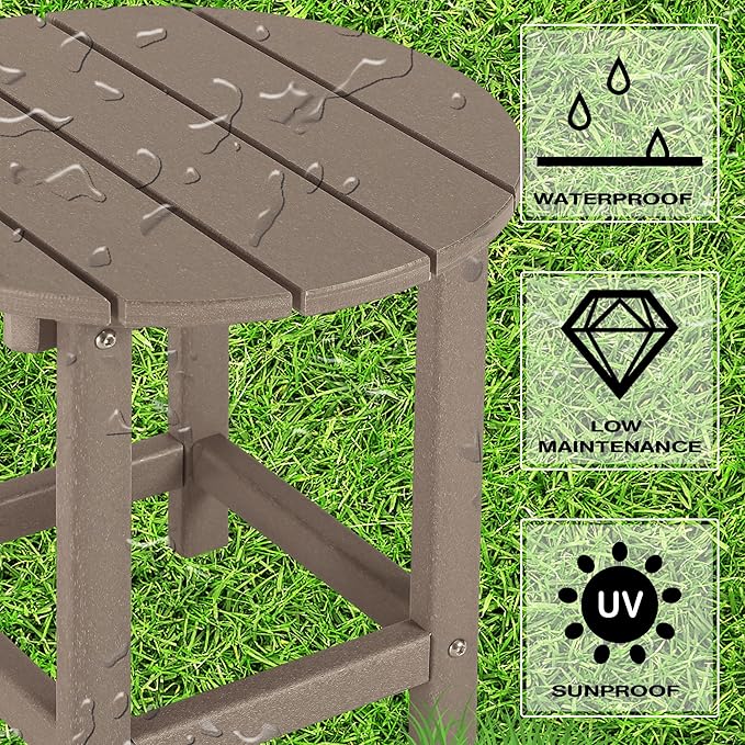 LZRS Round Adirondack Patio Side Table End Table, Outdoor Side Tables for Patio, Backyard,Pool, Indoor Companion, Easy Maintenance & Weather Resistant(Weather Wood)
