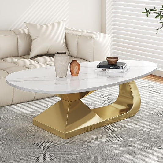 Marble Grain Coffee Table with Gold Stainless Steel Pedestal,Modern Coffee Tables,Oval Living Room Table with Faux Marble Top & Luxury Legs,Sintered Stone Cocktail Center Table,51.20inch