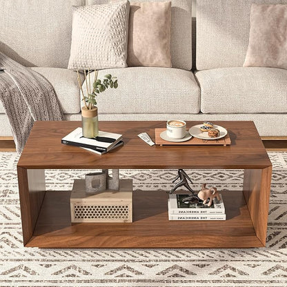 Coffee Table with Storage, Mid Century Modern, Rectangle Cocktail Tea Table, Farmhouse Wood Coffee Table for Living Room, Home Office (Walnut)