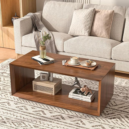 Coffee Table with Storage, Mid Century Modern, Rectangle Cocktail Tea Table, Farmhouse Wood Coffee Table for Living Room, Home Office (Walnut)
