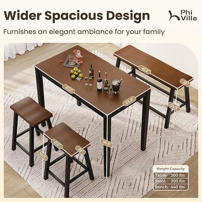 PHI VILLA Dining Table Set for 4, Counter Height Dining Table with 2 Chairs and 1 Bench, Solid Wood Table Sets for Farmhouse, Rustic Kitchen and Dining Room Table Set with Chairs, Walnut with Black