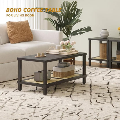 Rattan Coffee Table for Living Room,2-Tier Wooden Center Table with Hand Made Rattan Decorated,39.3 Inch Living Room Tbale with Rounded Corners,Boho Coffee Table,Easy Assembly Black LCT55BK