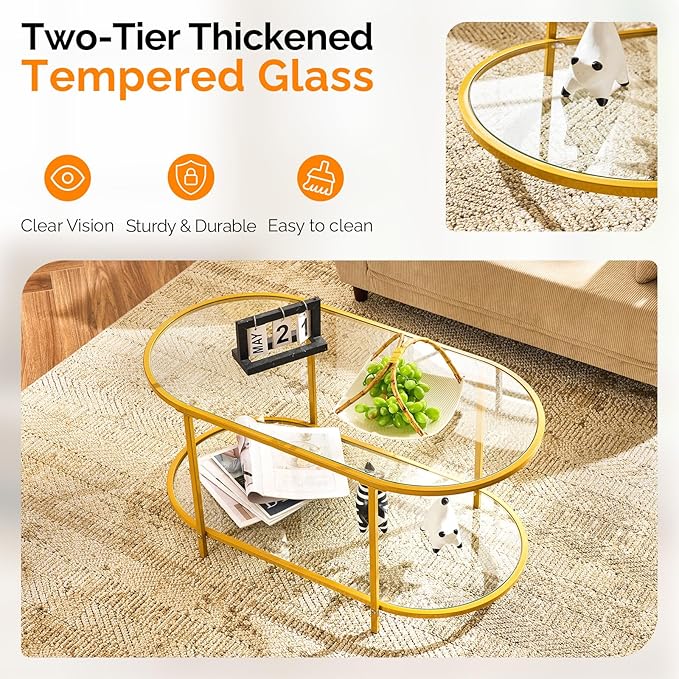 VINGLI 38" Oval Coffee Table, Transparent Glass Metal Coffe Table for Home Decor, Modern Center Table with 2-Tier Storage, Long Coffee Tables for Living Room, Office, Small Space, Champagne Gold