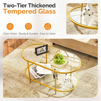 VINGLI 38" Oval Coffee Table, Transparent Glass Metal Coffe Table for Home Decor, Modern Center Table with 2-Tier Storage, Long Coffee Tables for Living Room, Office, Small Space, Champagne Gold