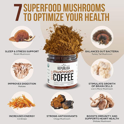 La Republica DECAF Organic Mushroom Coffee (35 Servings) with 7 Superfood Shrooms, Great Tasting Instant Mix Includes Lion's Mane, Reishi, Chaga, Cordyceps, Shiitake, Maitake, and Turkey Tail (Decaffeinated)