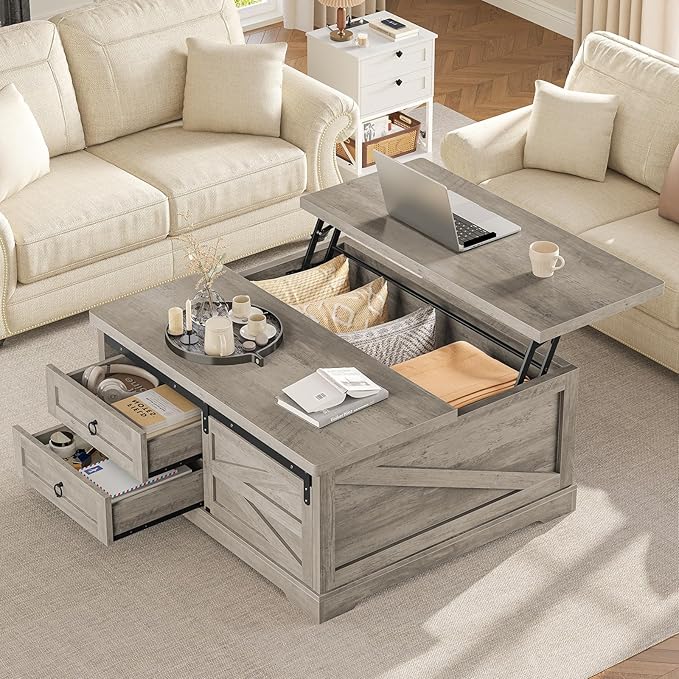 Itaar 39.4'' Lift Top Coffee Table with Storage, Farmhouse Coffee Tables for Living Room, Square Coffee Table with Large Hodden Compartment & 2 Drawrs & Adjustables Shelves (Gray)
