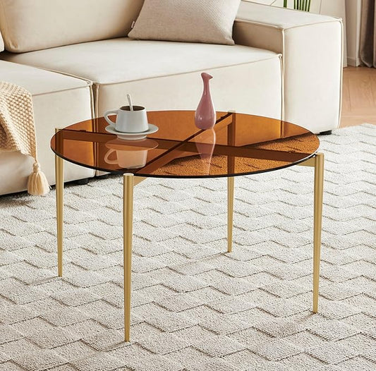 Shrine Round Tempered Glass Table, Gold Glass Coffee Table for Living Room, Circle Glass Top with Gold Metal Frame