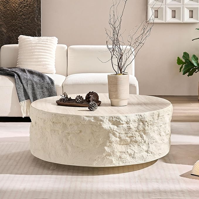 Faux Rock Coffee Table,Drum Coffee Table Fiberglass Round Tea Table for Living Room, Accent Imitation Stone Central Table No Need Assembly, Beige White