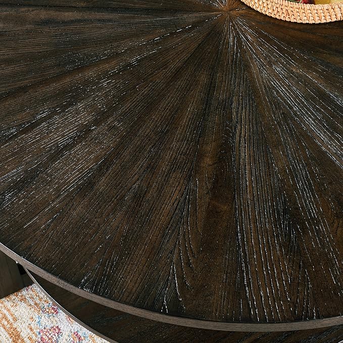 PADMA HOUSE 33.5" Round Wood Coffee Table, 2-Tier Solid Wood Rounded Circle Accent Coffee Table Center Cocktail Table Vintage Furniture for Home Living Room Bedroom,Black Brown 3338BK