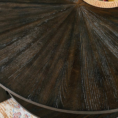 PADMA HOUSE 33.5" Round Wood Coffee Table, 2-Tier Solid Wood Rounded Circle Accent Coffee Table Center Cocktail Table Vintage Furniture for Home Living Room Bedroom,Black Brown 3338BK