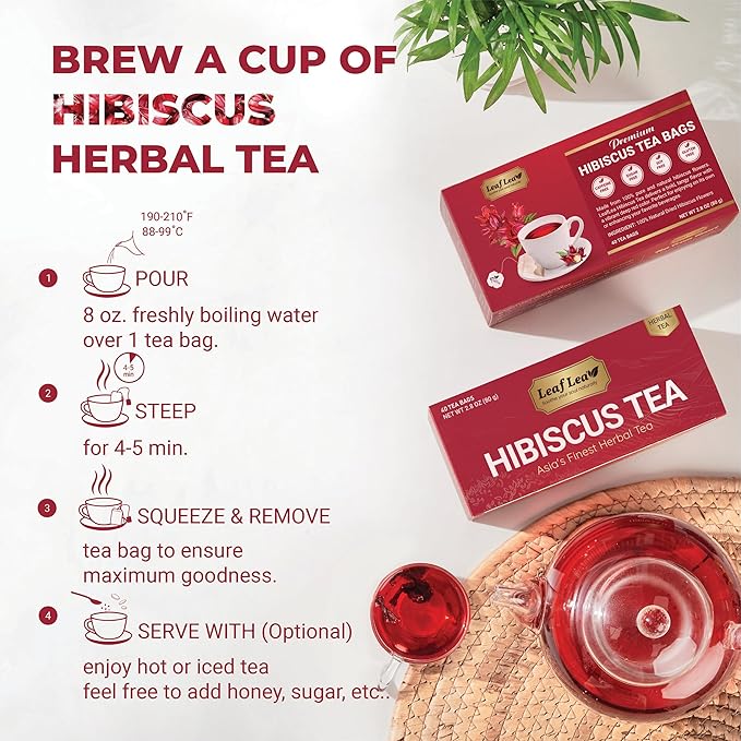 LeafLea Hibiscus Tea Bags – 160 Count, Individually Wrapped, 100% Natural Hibiscus Flower Herbal Tea, Caffeine-Free, Sugar-Free, Gluten-Free, Non-GMO, Te de Hibisco, Jamaica Tea, (Pack of 4)
