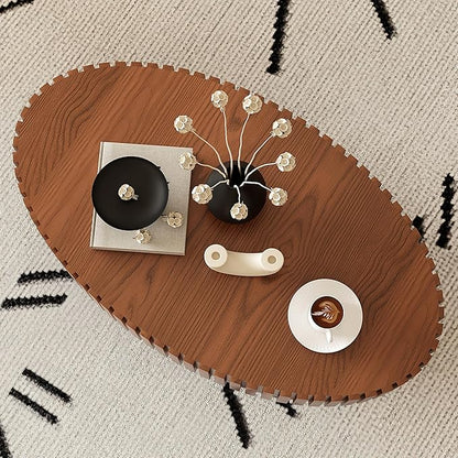 43.31" Oval Drum Coffee Table, Modern Handcraft Fluted Drum Center Table, Wooden Oval Coffee Table Center Table with Sturdy Pedestal for Living Room Apartment (Natural Wood)