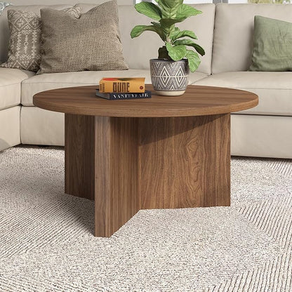 Henn&Hart 32" Round Wood Pedestal Coffee Table for Living Room, Family Room, Office, or Apartment, Satin Walnut