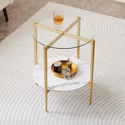 Round Glass End Table, Mid-Century Modern Design Sofa Table for Living Room, D18 x H23 in, 2-Tier Structure, Clear Glass Top and White Marble Shelf, Sleek Conical Legs with Gold Finish Frame