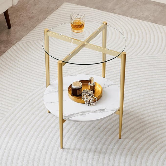 Round Glass End Table, Mid-Century Modern Design Sofa Table for Living Room, D18 x H23 in, 2-Tier Structure, Clear Glass Top and White Marble Shelf, Sleek Conical Legs with Gold Finish Frame
